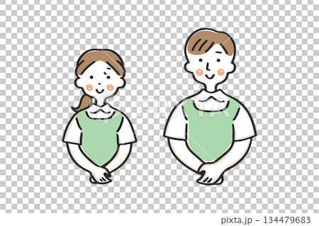 手を前で組むエプロン姿の男女① 134479683