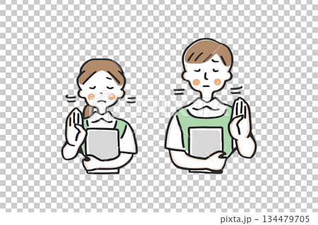 首を横に振るエプロン姿の男女① 134479705