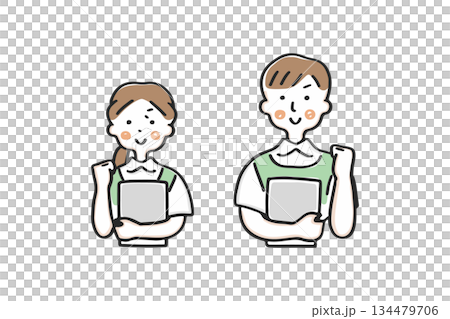 身穿圍裙的男女擊拳慶祝① 134479706