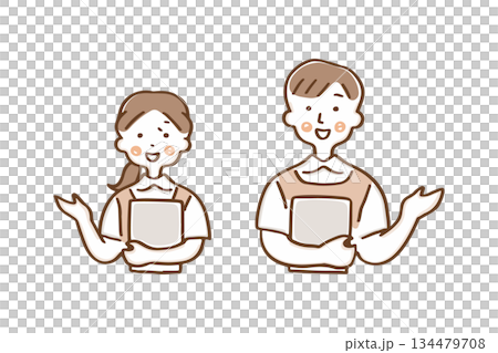 穿著圍裙的男女引導客人② 134479708