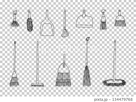 Broom and dustpan hand drawn illustration set 134479768