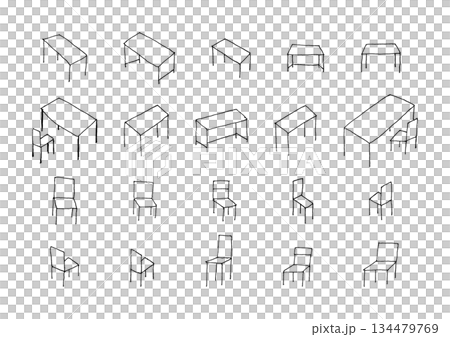Desk and chair hand drawn illustration set Desk and chair hand drawn illustration set 134479769