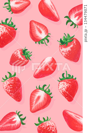 手描きの苺イラスト縦長背景_ピンク背景 134479871