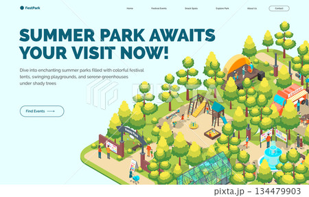 Cartoon Color Summer Park Awaits Your Visit Now Fest Concept Banner 3d Isometric View. Vector illustration 134479903