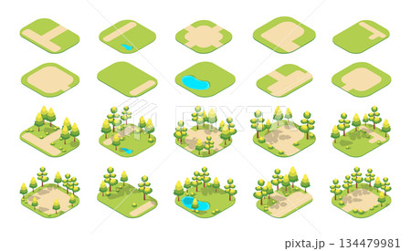 Cartoon Color Summer Park and Fest Concept Different Landscapes with Green Trees and Without 3d Isometric View. Vector illustration 134479981
