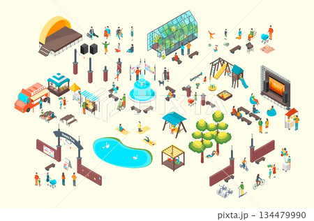 Cartoon Color Summer Park and Fest Concept Different Architectural Objects and Character People 3d Isometric View. Vector illustration Cartoon Color Summer Park and Fest Concept Different Architectural Objects and Character People 3d Isometric View. Vector illustration 134479990