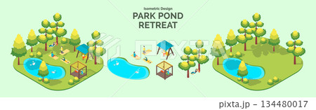 Cartoon Color Summer Park and Fest Concept Pond Retreat with Separate Set 3d Isometric View. Vector illustration 134480017