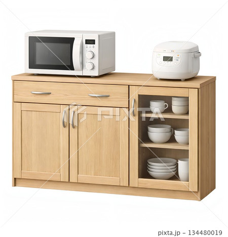家電を天板に置けるロータイプ食器棚の収納イラスト 134480019