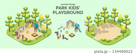 Cartoon Color Summer Park and Fest Concept Kid Playground with Separate Set 3d Isometric View. Vector illustration 134480022