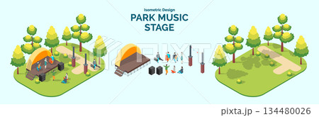 Cartoon Color Summer Park and Fest Concept Music Stage with Separate Set 3d Isometric View. Vector illustration 134480026
