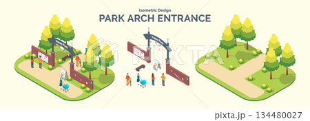 Cartoon Color Summer Park and Fest Concept Arch Entrance with Separate Set 3d Isometric View. Vector illustration Cartoon Color Summer Park and Fest Concept Arch Entrance with Separate Set 3d Isometric View. Vector illustration 134480027