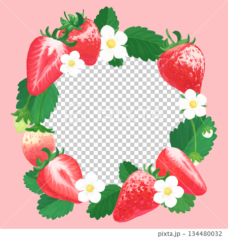 Hand-drawn strawberry illustration _ round frame _ outer pink background Hand-drawn strawberry illustration _ round frame _ outer pink background 134480032