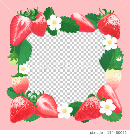 手描きの苺イラスト_正方形フレーム_外側ピンク背景 134480033