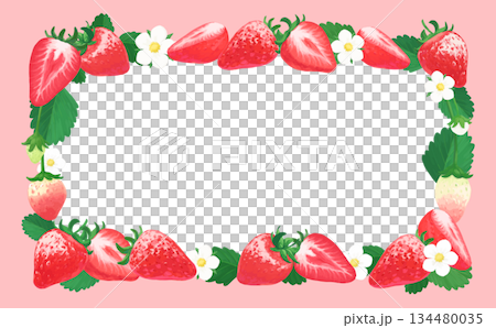 手繪草莓插圖_長方形邊框_粉紅色外背景 手繪草莓插圖_長方形邊框_粉紅色外背景 134480035