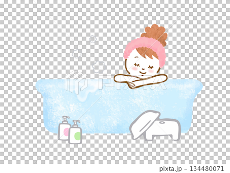 お風呂に入っている若い女性の手描きイラスト 134480071