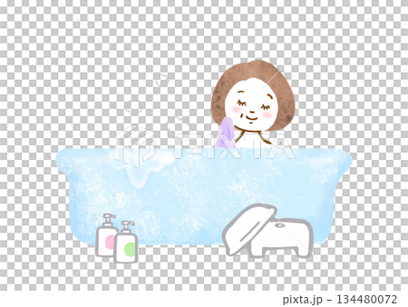お風呂に入っている年配女性の手描きイラスト 134480072