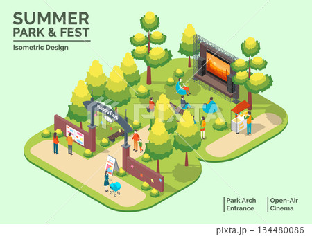 Cartoon Color Summer Park and Fest Concept Arch Entrance and Open Air Cinema Elements 3d Isometric View. Vector illustration Cartoon Color Summer Park and Fest Concept Arch Entrance and Open Air Cinema Elements 3d Isometric View. Vector illustration 134480086
