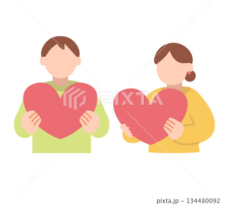 ハートを持つ男女の上半身イラスト 134480092