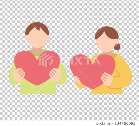 ハートを持つ男女の上半身イラスト 134480092