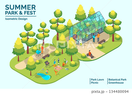 Cartoon Color Summer Park and Fest Concept Glass Greenhouse with Plants and Picnic Elements 3d Isometric View. Vector illustration Cartoon Color Summer Park and Fest Concept Glass Greenhouse with Plants and Picnic Elements 3d Isometric View. Vector illustration 134480094