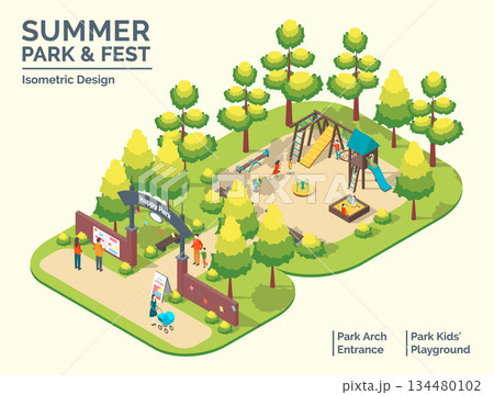 Cartoon Color Summer Park and Fest Concept Arch Entrance and Kid Playground Elements 3d Isometric View. Vector illustration 134480102