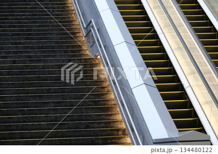 商業施設ビルの間に設置されている屋外のエスカレーター 134480122