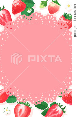 手描きの苺イラスト背景のピンクレースフレーム_縦長 134480164