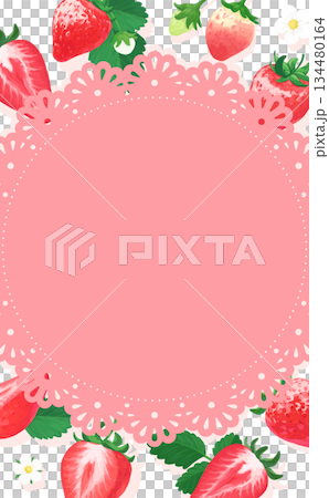 手描きの苺イラスト背景のピンクレースフレーム_縦長 134480164