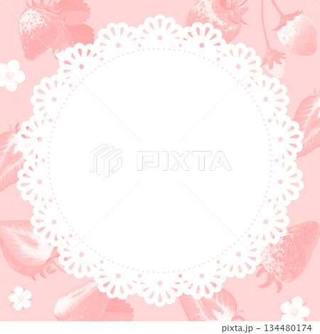 手描きの苺イラスト背景の円形レースフレーム_ピンク背景 134480174