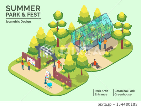 Cartoon Color Summer Park and Fest Concept Entrance and Glass Greenhouse with Plants Elements 3d Isometric View. Vector illustration Cartoon Color Summer Park and Fest Concept Entrance and Glass Greenhouse with Plants Elements 3d Isometric View. Vector illustration 134480185