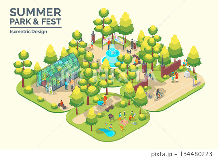 Cartoon Color Summer Park and Fest Concept Glass Greenhouse, Central Fountain, Picnic and Cycling Path 3d Isometric View. Vector illustration Cartoon Color Summer Park and Fest Concept Glass Greenhouse, Central Fountain, Picnic and Cycling Path 3d Isometric View. Vector illustration 134480223