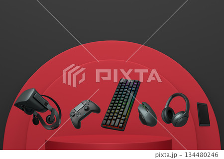 Gaming controllers, keyboard, headset, VR gear, and mouse floating above podium, digital art style, with abstract backdrop 134480246