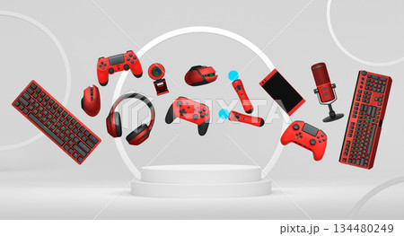 Multiple gaming devices and accessories floating above podium against abstract background, concept of modern gaming tech 134480249