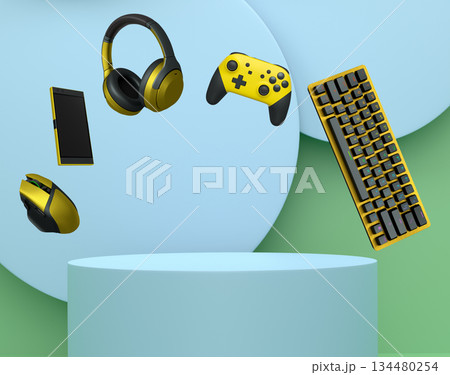 Gaming keyboard, mouse, controllers, phone and headphones floating above podium on abstract pastel background, symbolizing games 134480254
