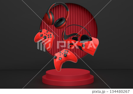 Game controllers, headphones and VR headset floating above pedestal, minimal style, abstract background, concept of gaming Game controllers, headphones and VR headset floating above pedestal, minimal style, abstract background, concept of gaming 134480267