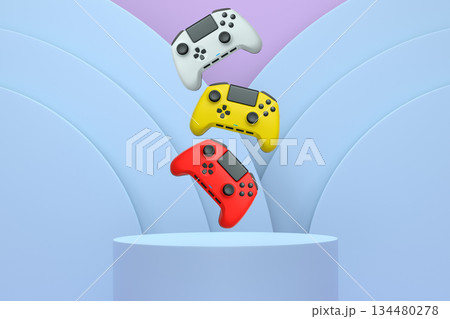 Colorful gaming controllers joystick levitating over podium against abstract background, minimalist concept device on pedestal 134480278