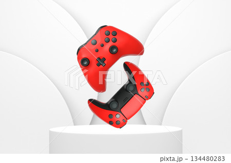 Colorful gaming controllers joystick levitating over podium against abstract background, minimalist concept device on pedestal Colorful gaming controllers joystick levitating over podium against abstract background, minimalist concept device on pedestal 134480283