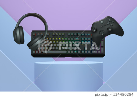 Gaming keyboard, controller, and headphones float in air on pastel background with podium, concept of gaming setup 134480284