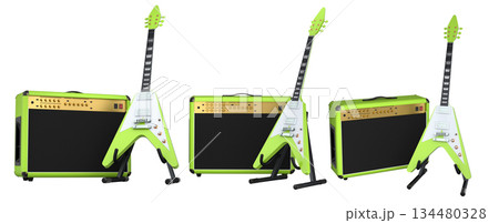 Set of amplifier with acoustic guitar isolated on white background. Set of amplifier with acoustic guitar isolated on white background. 134480328