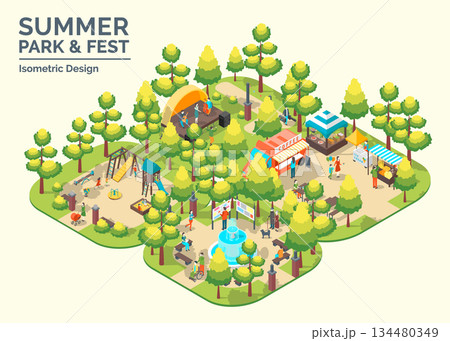 Cartoon Color Summer Park and Fest Concept Kid Playground, Central Fountain, Snack Booth and Music Stage Elements 3d Isometric View. Vector illustration 134480349