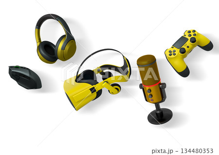 Gaming accessories like headphones, VR headset, mic, mouse, and controller isolated on white background with clipping path Gaming accessories like headphones, VR headset, mic, mouse, and controller isolated on white background with clipping path 134480353