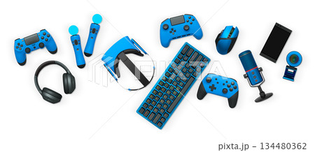 Gaming gear collection including RGB keyboard, controllers, webcam, headphones, and mouse on white background with clipping path Gaming gear collection including RGB keyboard, controllers, webcam, headphones, and mouse on white background with clipping path 134480362