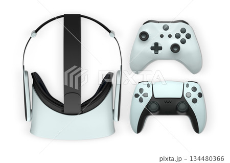 Virtual reality headset with gaming controllers, isolated on white background with clipping path, concept of immersive gaming Virtual reality headset with gaming controllers, isolated on white background with clipping path, concept of immersive gaming 134480366