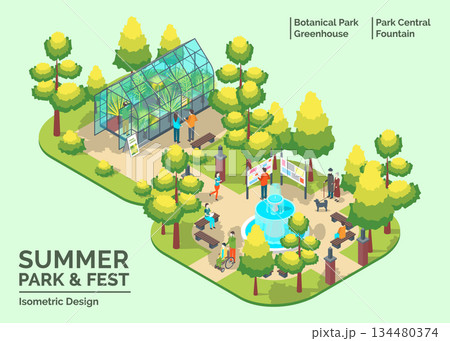 Cartoon Color Summer Park and Fest Concept Central Fountain and Glass Greenhouse Elements 3d Isometric View. Vector illustration Cartoon Color Summer Park and Fest Concept Central Fountain and Glass Greenhouse Elements 3d Isometric View. Vector illustration 134480374