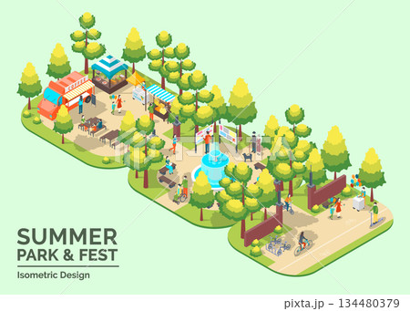 Cartoon Color Summer Park and Fest Concept Snack Booth Central Fountain and Cycling Path 3d Isometric View. Vector illustration 134480379