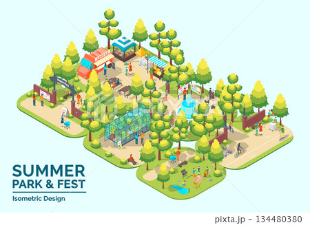 Cartoon Color Summer Park and Fest Concept Various Scenes 3d Isometric View. Vector illustration of Public Place Cartoon Color Summer Park and Fest Concept Various Scenes 3d Isometric View. Vector illustration of Public Place 134480380