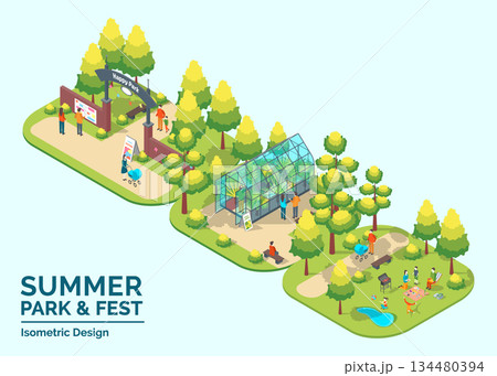 Cartoon Color Summer Park and Fest Concept Entrance, Glass Greenhouse and Picnic Elements 3d Isometric View. Vector illustration Cartoon Color Summer Park and Fest Concept Entrance, Glass Greenhouse and Picnic Elements 3d Isometric View. Vector illustration 134480394