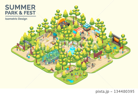 Cartoon Color Summer Park and Fest Area Landscape Platform Plan Concept 3d Isometric View. Vector illustration 134480395