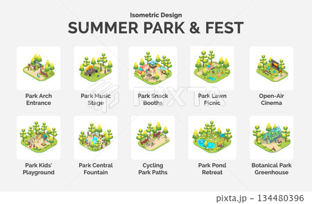 Cartoon Color Location Collection Summer Park and Fest Concept 3d Isometric View. Vector illustration of Open Air Cinema and Kid Playground Scenes 134480396