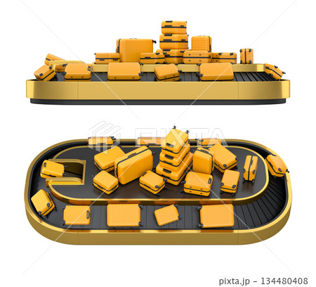 Set of Airport luggage conveyor belt or baggage claim area with suitcases on white. 134480408